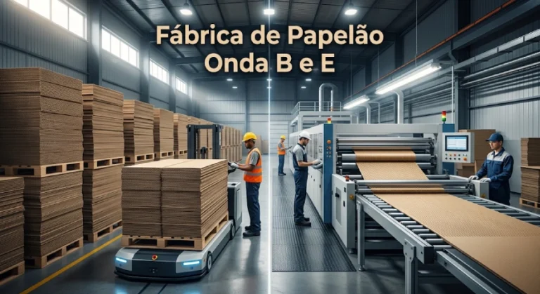 Linha de produção industrial mostrando chapas de papelão ondulado Onda B e Onda E fabricadas pela Tera Papéis no Paraná